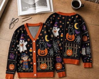 Halloween Cute Spooky Graphic Cardigan, Pumpkin Black Cat Ghost Sweater, Whimsical Fall Cardigan, Witchy Outfit Gift, Cozy Knit Cardigan