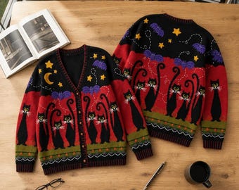 Halloween Black Cat Cardigan, Cute Spooky Graphic Sweater, Whimsical Fall Cardigan, Halloween Witchy Outfit Gift, Cozy Knit Cardigan