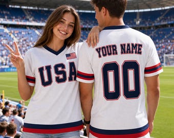 Personalized USA Soccer Jersey, Custom Name Number Football Shirt, Unisex American Pride Fan Gift for Men Women Kids, Family Matching Gift