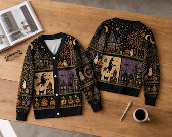 Halloween Pumpkin Ghost Cardigan, Spooky Graphic Sweater, Whimsical Fall Cardigan, Halloween Outfit Gift, Cozy Knit Cardigan