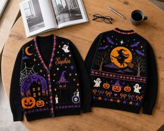 Custom Name Trick Or Treat Halloween Cardigan, Spooky Graphic Sweater Gift, Whimsical Witchy Haunted House Holiday Outfit Knit Cardigan