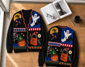 Trick Or Treat Halloween Cardigan, Spooky Witch Ghost Pumpkin Graphic Sweater Gift, Whimsical Holiday Outfit Knit Cardigan, Gift for Her