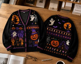 Halloween Witch Pumpkin Black Cat Ghost Cardigan, Spooky Graphic Sweater, Whimsical Fall Cardigan, Witchy Outfit Gift, Cozy Knit Cardigan