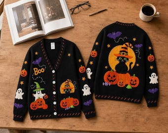 Cute Halloween Cardigan, Spooky Black Cat Ghost Pumpkin Graphic Sweater Gift, Whimsical Holiday Outfit Knit Cardigan, Halloween Horror Gift