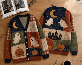Patchwork Halloween Graphic Cardigan, Cute Pumpkin Ghost Sweater, Whimsical Fall Cardigan, Witchy Haunted House Holiday Outfit Knit Cardigan