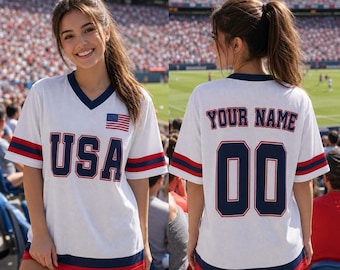 Personalized USA Soccer Jersey, Custom Name Number Football Shirt, Unisex American Pride Fan Gift for Men Women Kids, Family Matching Gift