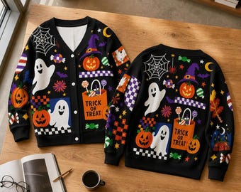 Trick Or Treat Halloween Cute Spooky Cardigan, Pumpkin Ghost Sweater, Whimsical Fall Cardigan, Witchy Outfit Gift, Cozy Knit Cardigan