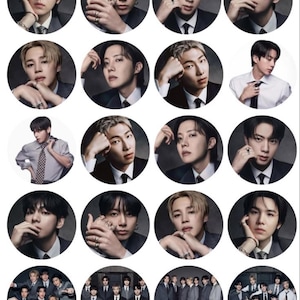 May include: A sheet of circular stickers featuring individual and group portraits of the seven members of the music group BTS. The images show the members in formal suits and dress shirts, with some wearing rings and bracelets, arranged in a grid.
