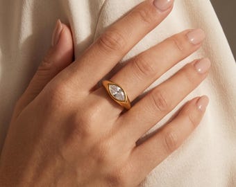 Marquise Cut Signet Ring, Statement Bezel Set Ring, 18K Gold Plated Stainless Steel Ring, Waterproof Jewelry, Christmas Gift for Her *RE014