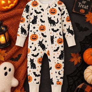 May include: A long-sleeve, one-piece romper with a cream background featuring a repeating Halloween pattern of orange jack-o'-lanterns, black cats, bats, stars, and crescent moons. The garment has a full-length front zipper and ribbed cuffs.