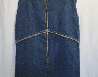 Vtg Y2K Tommy Hilfiger Jeans Blue Denim Patchwork Long No Slit Sz 8 90s Raw Hem