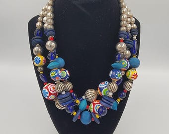 VTG Jaren 80 Boho Meerstrengige Hout Keramische Kralen Ketting Grof Blu Rood Geel Tribal