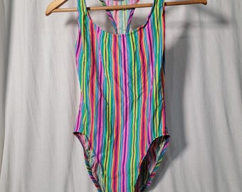 Traje de baño vintage de los 80 SUNRAYS Neon de corte alto de una pieza, buena elasticidad, brillante, para fiestas. ¡LEER!