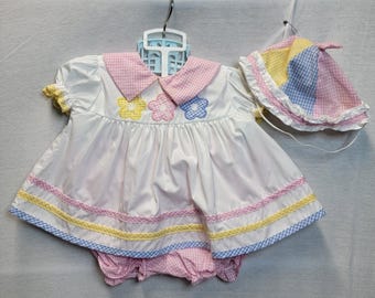 Vestido camisero de cuadros vichy vintage y bombachos con sombrero de volantes florales, estilo años 90, para Pascua e iglesia (estilo casual).