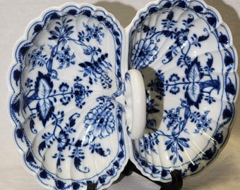Vtg Meissen Porcelain Blue Onion Pattern Handled 2 Part Divided Dish 1815/1923