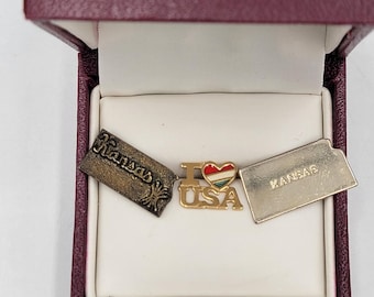 Vintage Kansas The Wheat State I Heart USA Lapel Hat Pin 1.25" Lot 3pc