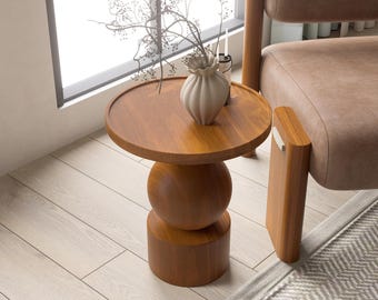 Handmade Solid Wood Round Side Table , Modern Accent Table, Minimalist Living Room Decor
