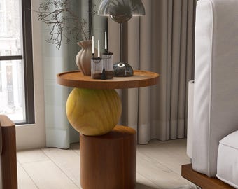 Handmade Solid Wood Round Side Table , Modern Accent Table, Minimalist Living Room Decor