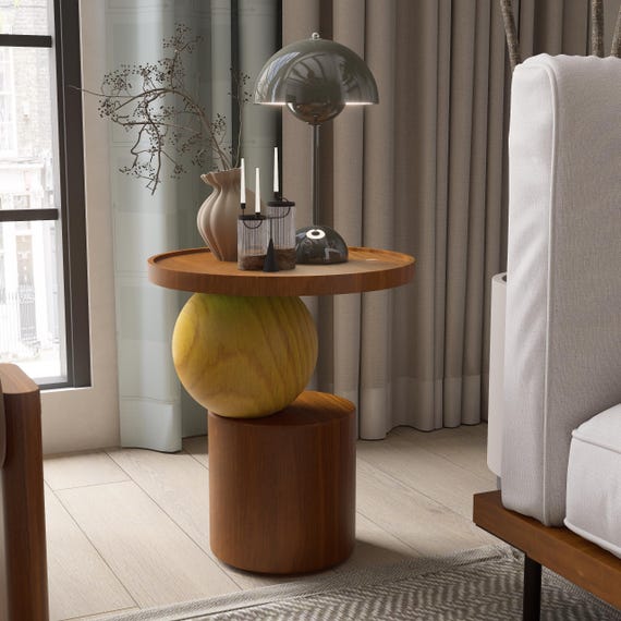 Handmade Solid Wood Round Side Table , Modern Accent Table, Minimalist Living Room Decor
