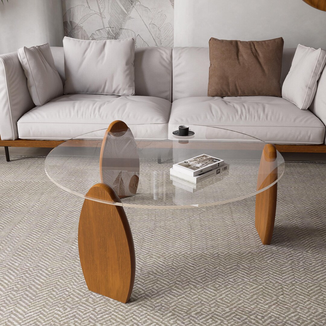 Modern Round Glass Coffee Table With Wood Base, Custom Color Living ...