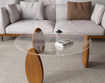 Modern Round Glass Coffee Table with Wood Base, Custom Color Living Room Furniture