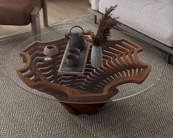 Mesa de centro escultural em madeira para ambientes modernos.