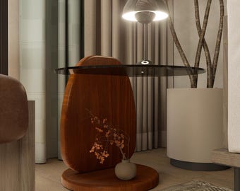 Mesa auxiliar moderna redonda de madera con tapa de cristal, mueble con detalles en color personalizado