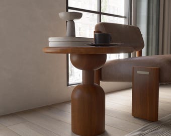 Handmade Wood Pedestal Side Table, Sculptural Accent, 12 Finish Options