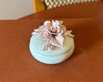 Vintage Capodimonte Porcelain Trinket Box With Applied Pink Roses