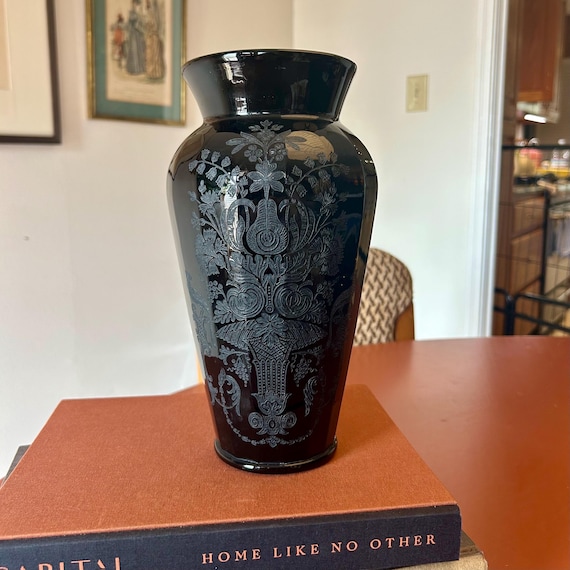 Vintage Black Amethyst Glass Vase, Etched Neoclassical Design, 10.25” Tall