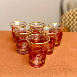 Juego de 6 vasos de chupito vintage de vidrio con borde dorado y diseño floral grabado