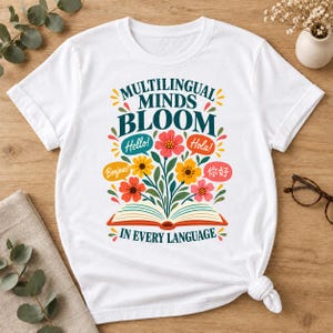 May include: A white short-sleeve t-shirt featuring a graphic of an open book with colorful flowers growing from the pages. The text reads MULTILINGUAL MINDS BLOOM IN EVERY LANGUAGE, with speech bubbles containing Hello, Hola, Bonjour, and 你好.