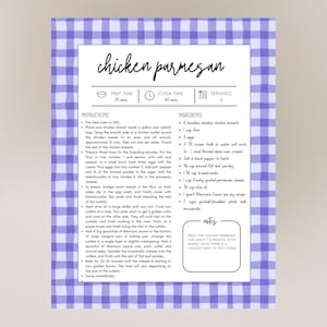 May include: A rectangular recipe card for chicken parmesan featuring a purple and white gingham border. The card includes sections for prep time, cook time, servings, ingredients, instructions, and a notes box with text about broiling.