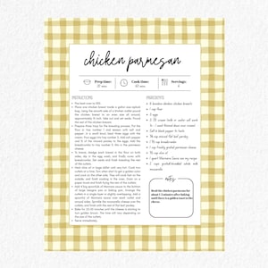 May include: A recipe card for chicken parmesan with a yellow and white checkered border. The title "chicken parmesan" is in a handwritten style. The card includes prep time, cook time, servings, instructions, and ingredients.