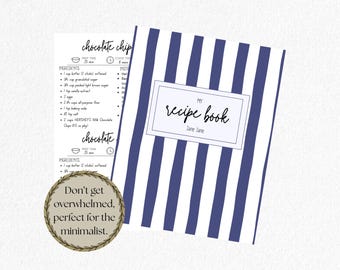 Editable Recipe Book | Blue Minimalist Cookbook | Printable Recipe Cards Set | Kitchen Organizer Binder | Instant Download | Beachy Template