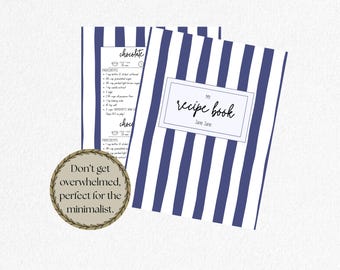 Editable Recipe Book Template Canva | Blue Minimalist Cookbook | Printable Recipe Cards Set | Kitchen Organizer Binder | Instant Download