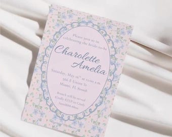 Cottagecore Floral Bridal Shower Invitation – Vintage Pink & Blue Bridal Invite | Personalized Invite | Wedding Planning Made Easy