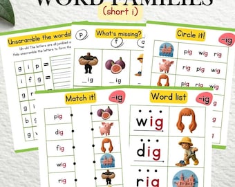 CVC単語ファミリーバンドル（ショートI）| 70ページの印刷可能なフォニックスワークブック| 幼稚園の読み書き練習アクティビティ