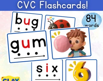 CVC-woordenlijst | Flashcards met 84 woorden passend - unieke kleiillustratie!