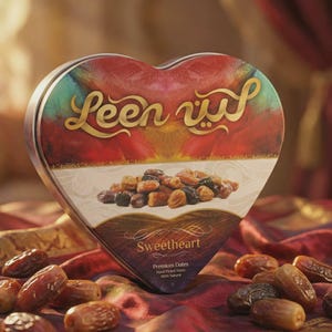 May include: A heart-shaped metal tin featuring a colourful abstract design in red, gold, and teal. The text Leen is printed in gold script above an image of brown dates. Below, the text Sweetheart, Premium Dates, and Hand Picked Dates is visible.