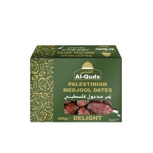 May include: A green box of Palestinian Medjool dates, labelled "Al-Quds." The box features gold Arabic script and a graphic of dates. The text includes "450g Delight."