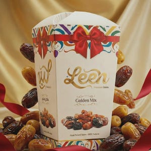 May include: A white cardboard box of Leen Premium Dates Golden Mix featuring a red bow graphic, colourful abstract patterns, and text including Hand Picked Dates - 100% Natural. The box is surrounded by numerous whole brown dates and red ribbons.