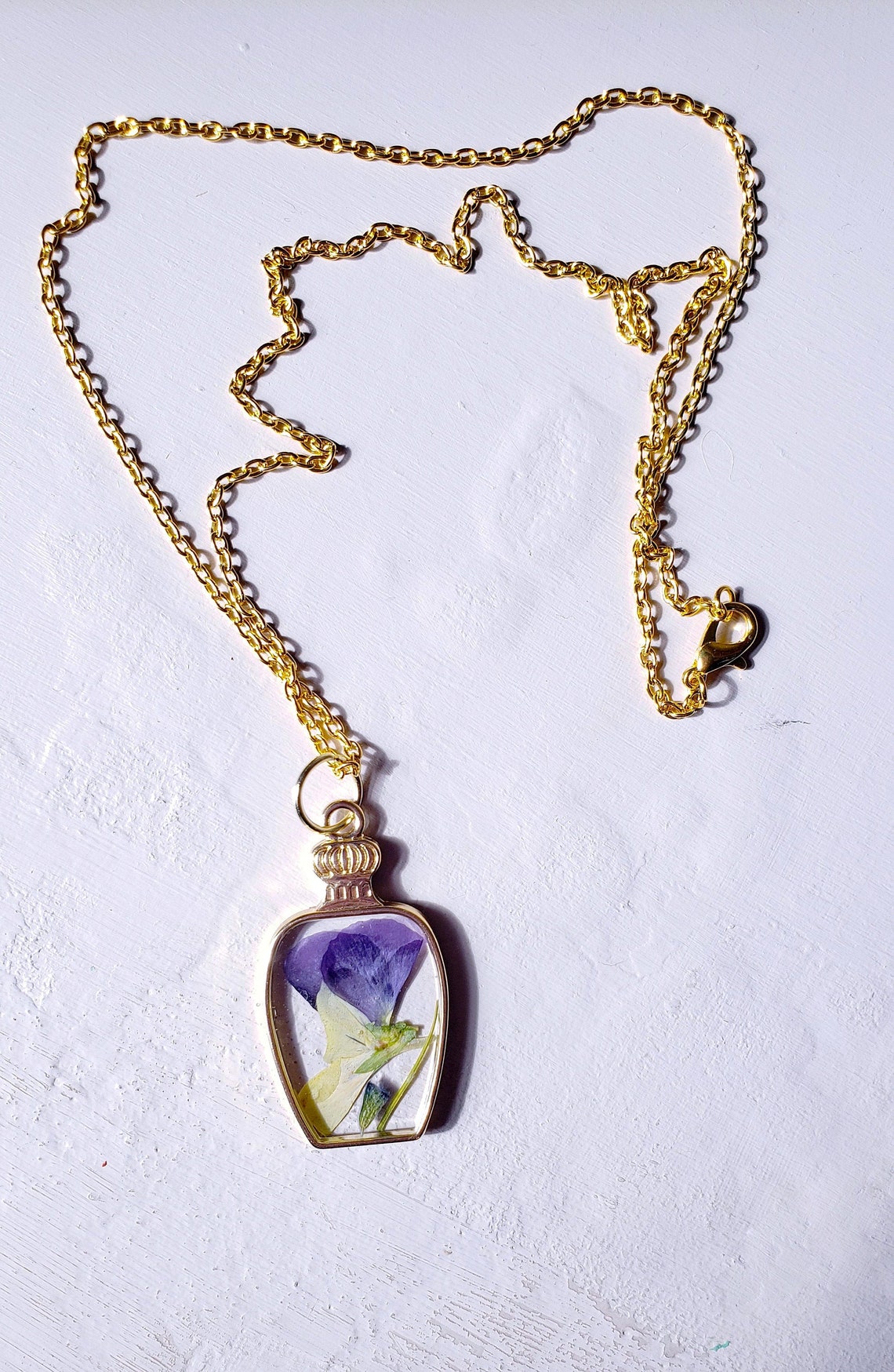 Flower Resin Necklace Pansy Gold Potion Frame Etsy