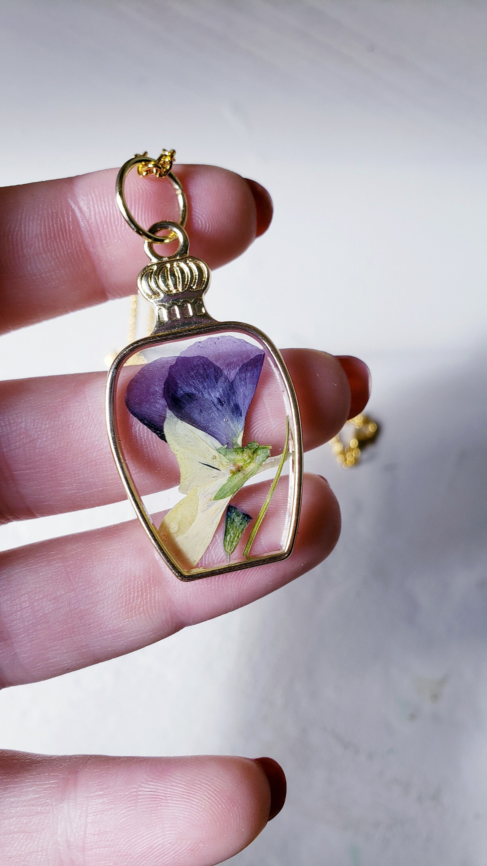 Flower Resin Necklace Pansy Gold Potion Frame Etsy