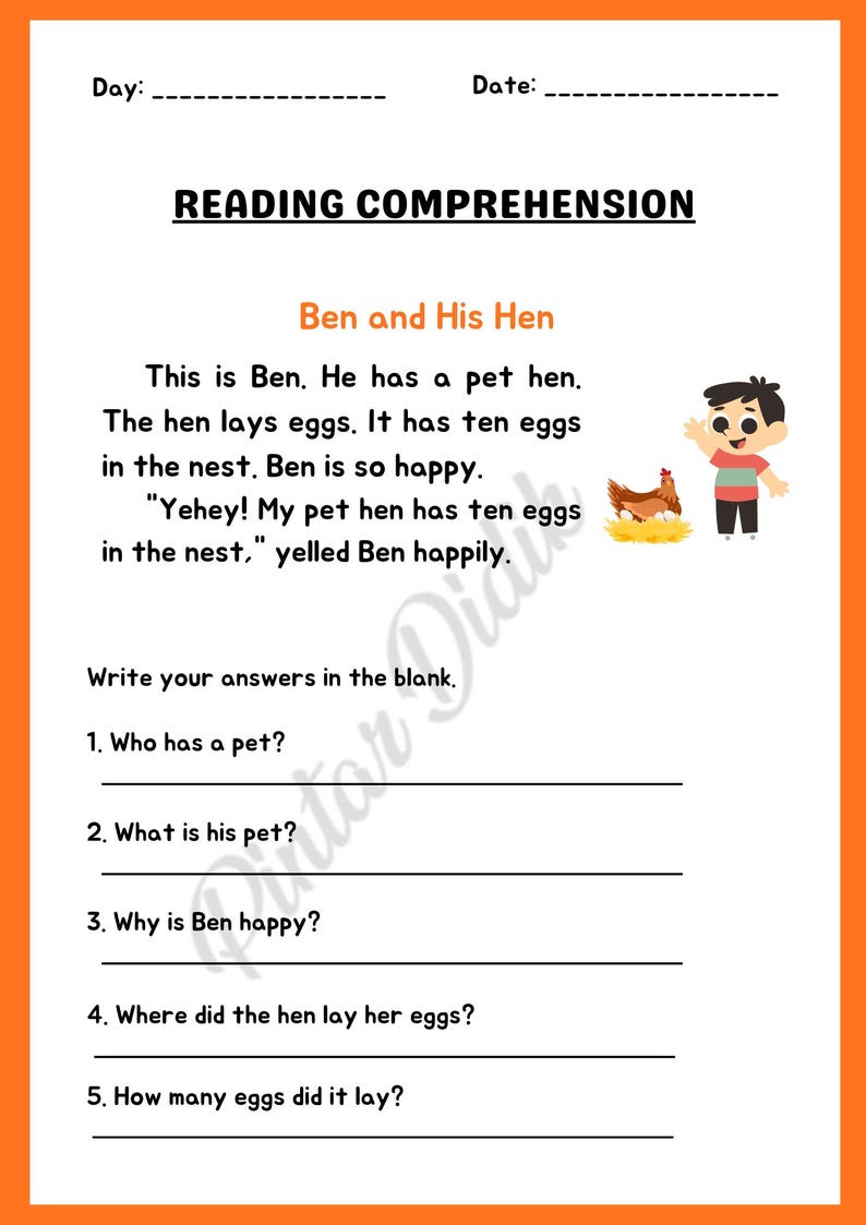 Reading Comprehension Exercise for Kids Age 7-9_beginner Level - Etsy