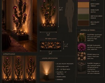 Gran escultura artesanal de cactus saguaro con flores de ciruelo / Lujosa obra de arte desértica para suelo con base de maceta / Cactus de metal personalizado