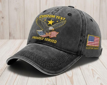 Personalized Proudly Served Veteran Hat, Custom Eagle Embroidered Washed Cap with Name, Military Gift