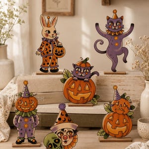 Bloc en bois d'Halloween, décoration citrouille clown vintage, découpe d'Halloween effrayante, décoration rustique d'automne pour la maison, décoration de crâne de citrouille