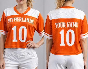 Netherlands Orange Soccer Jersey Custom Name & Number – Women’s Crop Football Shirt, Personalized Team Tee, Holland Fan Gift