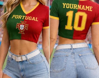 Koszulka w stylu portugalskim, skrócony top w kolorze czerwono-zielonym, spersonalizowany numer z tyłu, strój kibica piłki nożnej, damski top sportowy